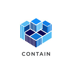 Blue Shipping Containers Forming Cube Structure.