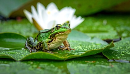 Fototapeta premium Vivid green frog perched on a lily pad with water droplets, a white flower blurred in background