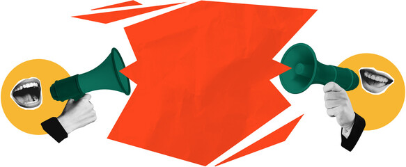 Fototapeta na wymiar Collage showing hands holding green megaphones with cutout mouths in a modern graphic style on a white background, concept of communication