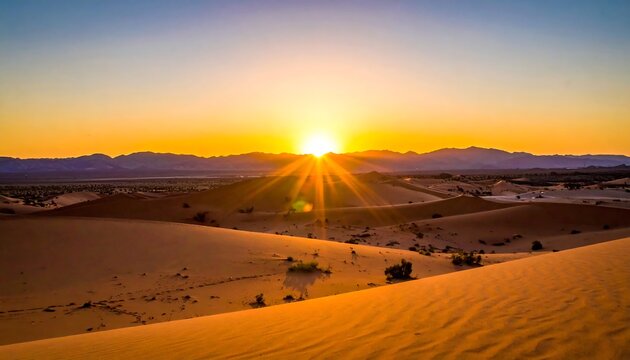 Warm desert landscape with bright sun rising over distant mountains, casting long shadows across sand dunes