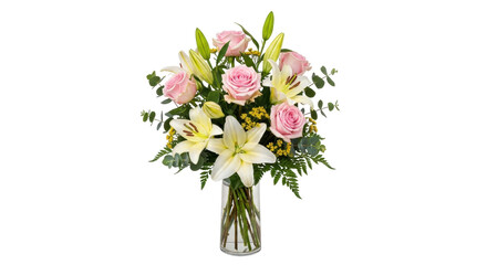 Obraz premium Isolated floral centerpiece displaying pink roses and white lilies arranged in a glass vase