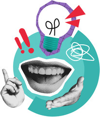 Obraz premium Collage showing expressive mouth, hands, lightbulb symbol and dynamic shapes in artistic collage style on white background, concept of creative communication