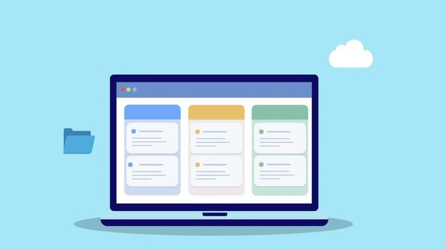Flat vector animation of laptop dashboard with folder icon and cloud symbol representing digital file management, cloud storage organization, and online data workflow.