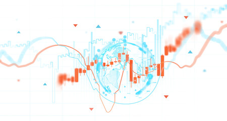 Financial chart with candlesticks and world map in soft blur drawing on white background, concept of global market analysis © ImageFlow