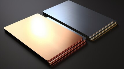 Stacked metallic sheets, gold, silver, bronze, dark background.