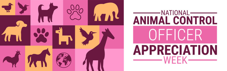 Obraz premium National Animal Control Officer Appreciation Week Banner or background design. Maroon and Pink Graphic with a Grid of Diverse Animal Silhouettes including a Dog, Cat, Horse, Giraffe, and Elephant.