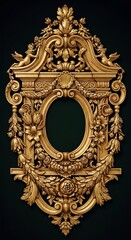 Fototapeta premium Intricately designed gold picture frame with ornate floral patterns and filigree on a black background.