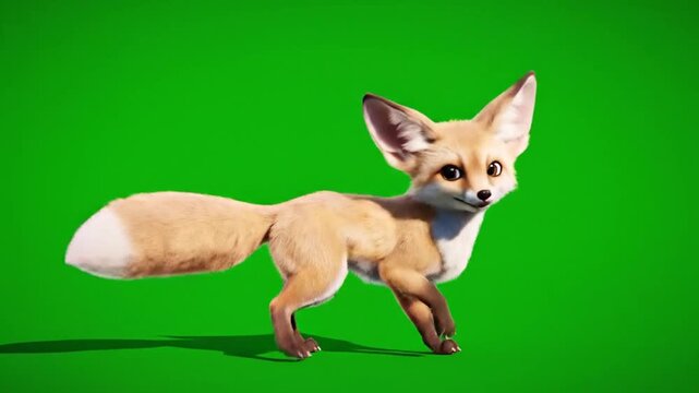 Cute Animated Fennec Fox Standing on Green Screen Background