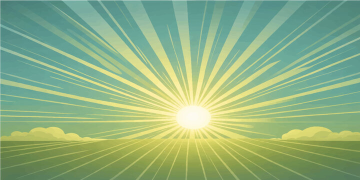 Bright sun and clouds shine in the blue sky with yellow rays and a glowing sunburst design, creating a warm summer sunrise illustration