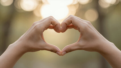 Fototapeta premium Two Hands Forming a Heart Shape Against Soft Bokeh Background, Romantic Gesture for Love and Affection in Outdoor Setting