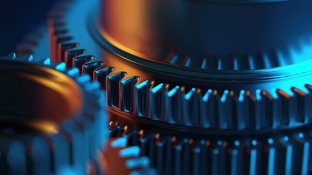 An abstract composition of interlocking metallic gears representing business efficiency.