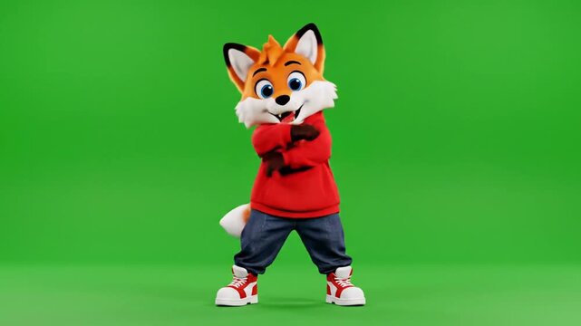 Animated Cartoon Fox in Red Hoodie Dancing on Green Screen
