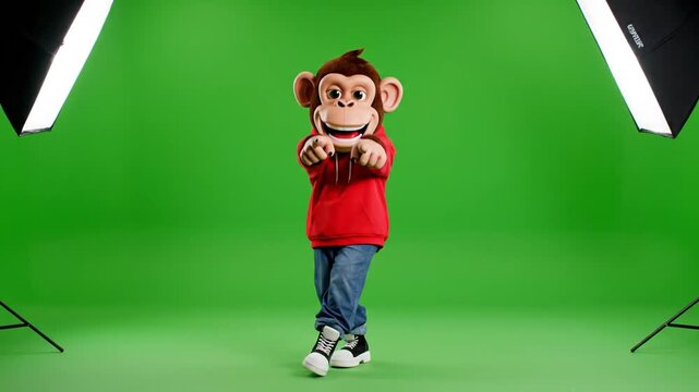 Monkey Mascot in Red Hoodie Dancing on Green Screen Background