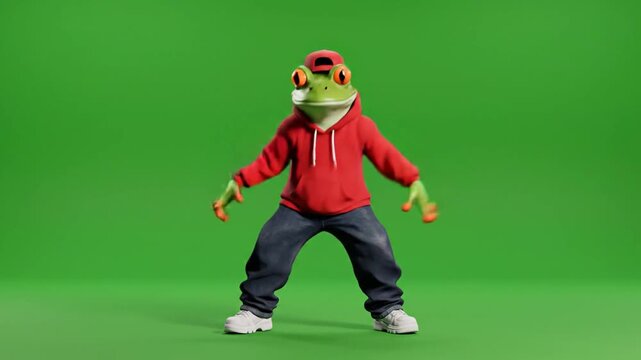 Animated Frog Dancing in Red Hoodie on Green Screen Background