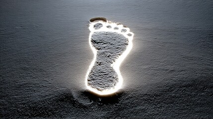 A single footprint in damp sand, the pressure evenly distributed, glowing with a soft therapeutic light.