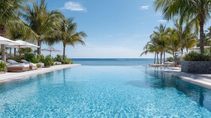 Luxury infinity pool overlooking the ocean with palm trees and lounge chairs