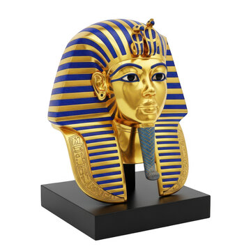 Golden mask of the ancient pharaoh tutankhamun with intricate hieroglyphic details isolated on transparent background