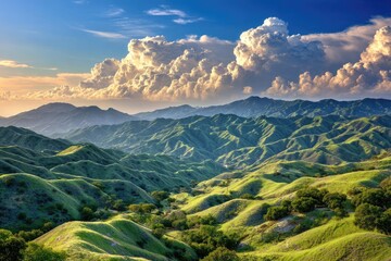 Obraz premium Lush green hills roll under a sky of dramatic, fluffy white clouds, sunlit and majestic