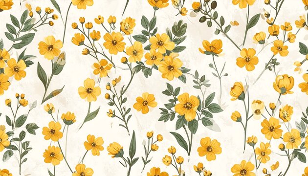 Watercolor floral pattern with bright yellow flowers and green foliage on a textured, light beige background