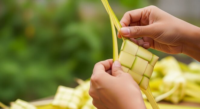 Hands Weaving Traditional Ketupat from Coconut Leaves