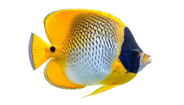 Vibrant tropical fish with yellow fins and a black facial mask on a stark white backdrop