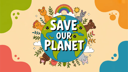 Fototapeta premium Save our planet earth with animals and rainbow on beige background