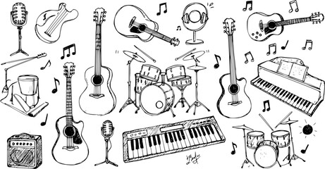 Black and White Line Art Drawing of Various Musical Instruments, Music Notes, and Audio Equipment © torabutterfly