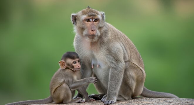 Mother monkey and baby monkey in a natural setting.