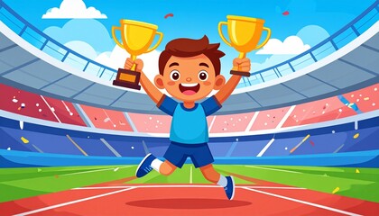 A joyful young athlete boy celebrates a triumphant win, leaping high with two golden championship trophies in a vibrant sports arena, embodying success and achievement