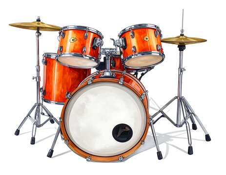 Vibrant orange drum set with silver hardware, detailed illustration on a white background