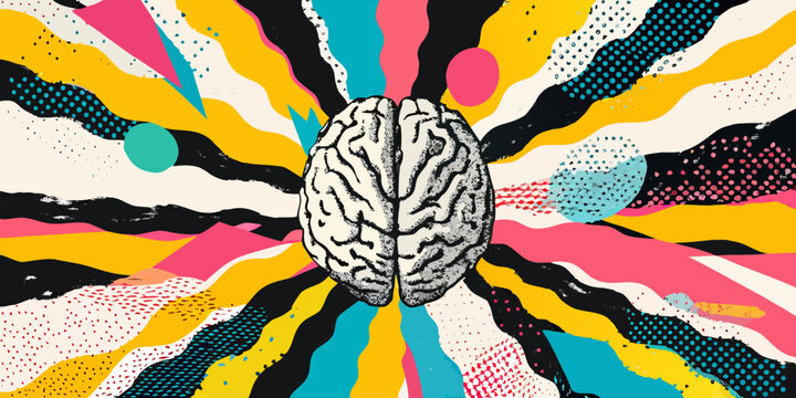 A stylized human brain is centered within an abstract colorful explosion
