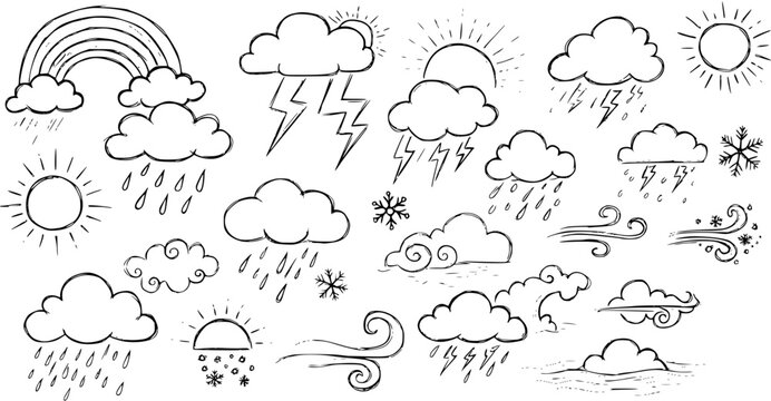 Hand-drawn Black  White Line Art Weather Icons Set. Sketchy Collection of Sun, Clouds, Rain, Lightning, Rainbow, Snow, and Wind Elements for Nature Forecasts.