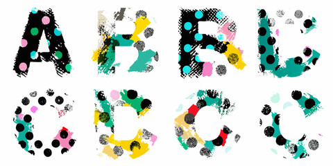 Abstract letters a b c and d with colorful textured and dotted patterns © Bipul