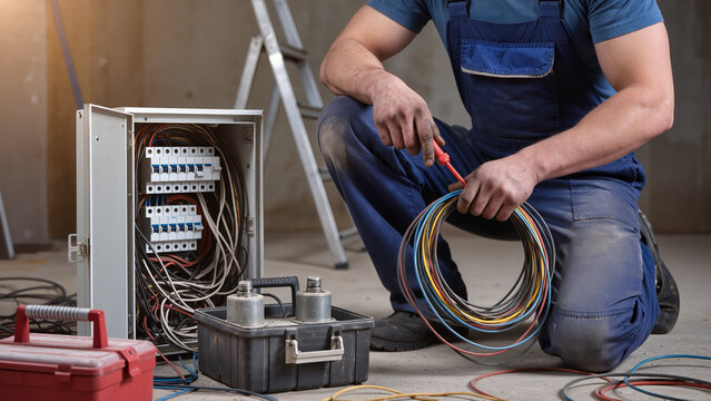 ​A worker installs components in the electrical unit. He handles various tools for precise adjustment,He carefully arranges the cables and fuses. This service ensures a safe electrical network