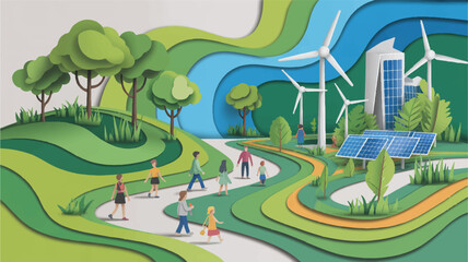 Obraz premium Eco friendly community with renewable energy sources and green landscape people enjoying outdoor activities