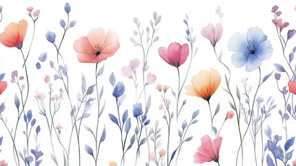 Naklejka premium Beautiful seamless floral water color pattern Set, watercolor wild flowers, leaves and grass,Collection botanic garden elements, isolated illustration in rustic or vintage style,copy space.