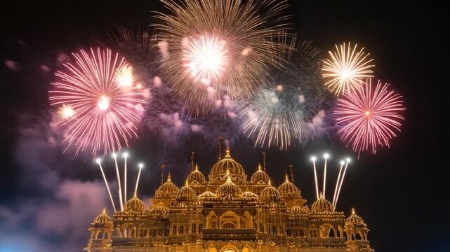 Colorful Fireworks Exploding Above Ornate Structure at Night Celebration