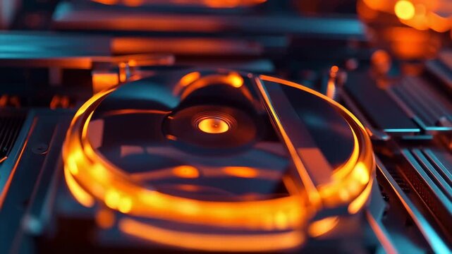 Close view of modern computer components with glowing lights in a technology setting during evening hours