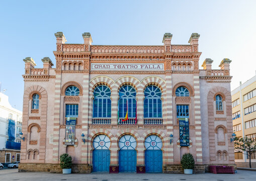 Cadiz, Spain - April 16, 2025: Gran Teatro Falla building, where the Cadiz Carnival is held, Spain
