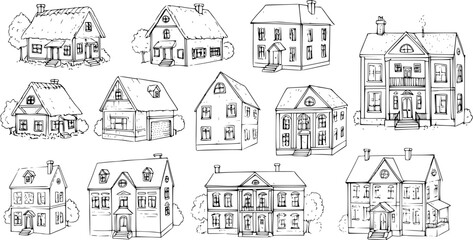 Obraz premium Black and White Line Art Vector of Various Residential House Buildings