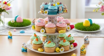 Colorful easter cupcakes on a three tiered stand with decorations and candy eggs on a table