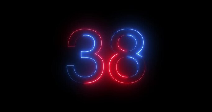 Glowing neon 38 text number animation on black background. Bright neon 38 number symbol. glowing neon number animation concept