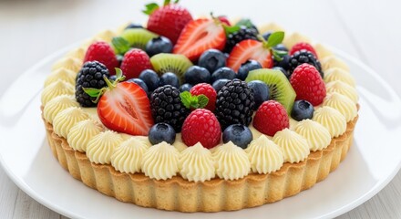 Delicious fruit tart with strawberries blueberries raspberries blackberries on a white plate sweet dessert