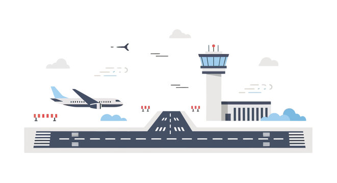 Airport Control Tower and Airplanes on Runway.