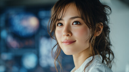Obraz premium Bright-Eyed Young Asian Woman with a Thoughtful Gaze