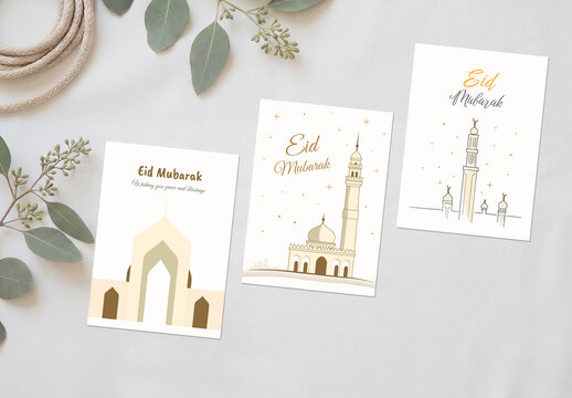 Three Eid Mubarak Cards with Illustration
