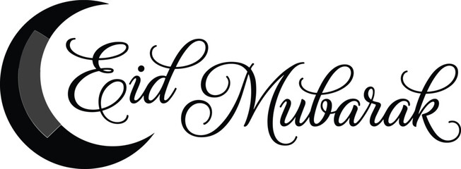 Eid Mubarak elegant black script typography on white background with crescent moon icon for Islamic holiday celebration, religious greeting card, and festive seasonal banner. © Nayan