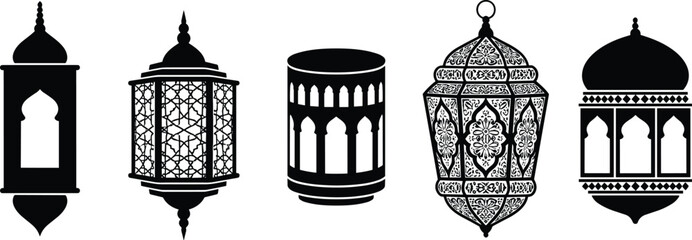 Black Ramadan lanterns silhouette vector set featuring traditional Arabic fanoos lamp designs with intricate patterns for Islamic holiday decorations, Eid greetings and religious celebrations. © Nayan