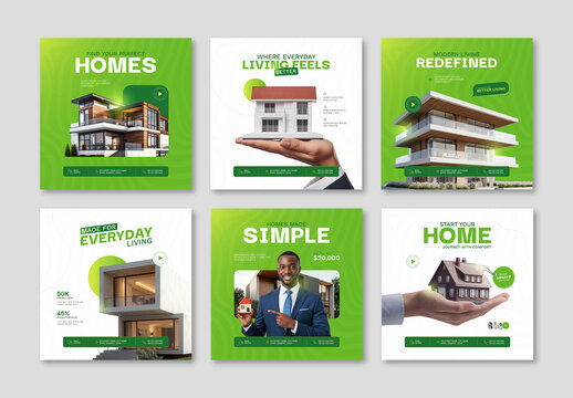 Real Estate Social Media Post Layout Set with Green Accents