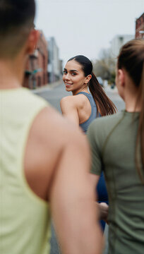 Playful urban run club pace-setter looking back over her shoulder with a teasing smile to challenge her trailing friends during a city group workout.